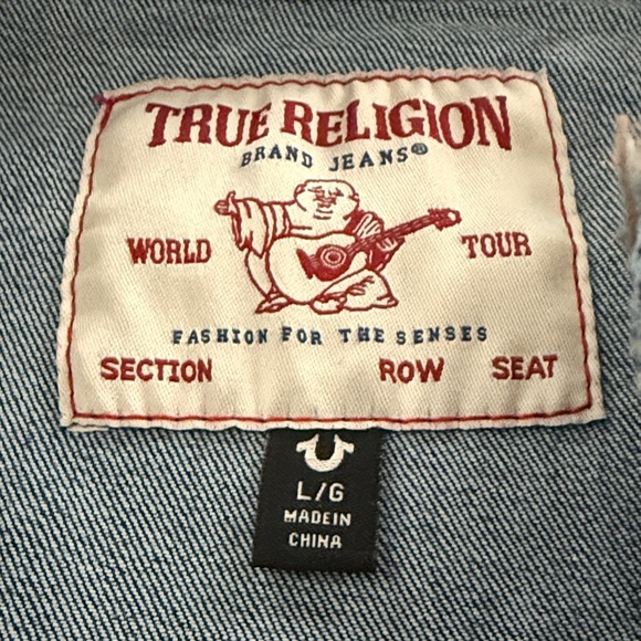 True Religion Y2K  Slim Jimmy Dark Blue Jean Jacket frayed collarless neck - Picture 5 of 16